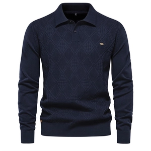 Men's slim fit navy knit polo sweater with textured diamond pattern and collar