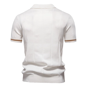 Back view of men's white knit polo shirt with brown striped cuffs and ribbed hem