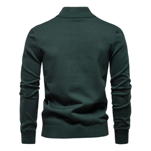 Deep green men's half-zip sweater with ribbed knit texture and back view details