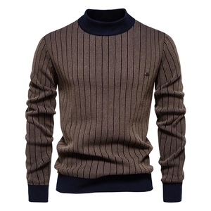 Men Striped Mock Neck Knit Sweater Slim Fit Cotton Blend Long Sleeve Pullover Autumn Winter Casual Fashion Top