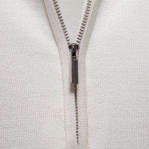 White knitted business polo shirt with silver metal zipper detail for a modern look