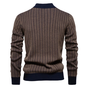 Slim fit men's turtleneck sweater with vertical brown and navy stripes and ribbed cuffs