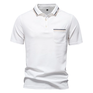 Polo à Manches Courtes Business Décontracté pour Hommes en Mélange de Coton Piqué Col à Revers Rayé Poche Tops Mode Été