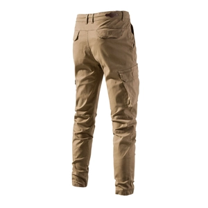 Mens khaki cargo pants in cotton twill with multi-pocket design and brand waist patch