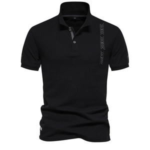 Polo noir pour homme en coton piqué avec broderies géométriques sur la poitrine et les manches