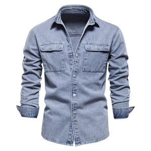 Men's light blue washed denim jacket with snap buttons and dual chest pockets on white background