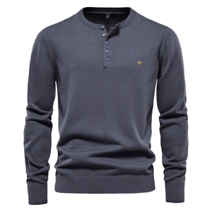 Men's Long Sleeve Henley Neck Knit Sweater Casual Cotton Blend Solid Color Button Pullover Top For Autumn Winter