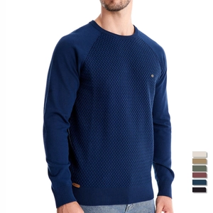 Men's navy crew neck knit sweater with raglan sleeves and textured diamond patterns