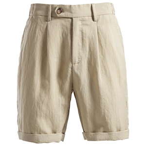 Men's khaki Lyocell cotton shorts with single pleated design and elastic waistband