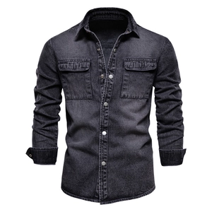 Men's slim fit washed black denim jacket featuring double chest pockets and metal buttons