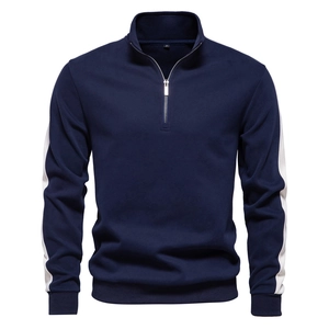 Men's navy long sleeve 1/4 zip sweatshirt with white side stripes and ribbed cuffs