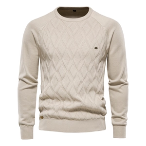 Men Round Neck Knit Sweater Cotton Blend Long Sleeve Rhombic Pattern Casual Urban Style Soft Warm Pullover For Men Fashion