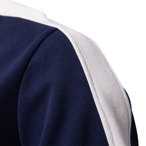 Men's dark blue sports sweatshirt with white stripe splicing and high collar casual style