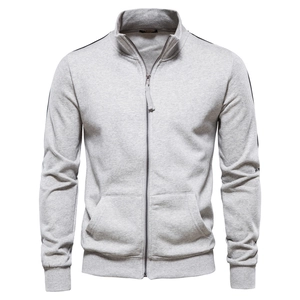 Sweatshirt Décontracté pour Hommes en Mélange de Coton à Col Montant Zippé Détail Rayures Veste de Sport Quotidienne