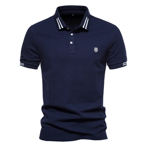 Men's navy cotton polo shirt with white stripes on collar and lion embroidery
