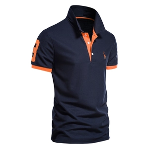 Men's navy blue piqué cotton polo shirt with orange giraffe embroidery and number 3 logo