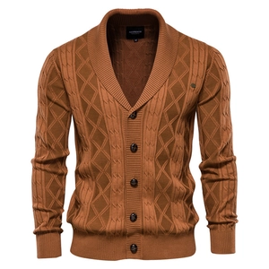 Men Shawl Collar Cable Knit Cardigan Cotton Blend Sweater Casual Vintage Diamond Pattern Button Down Knitted Jacket Coat