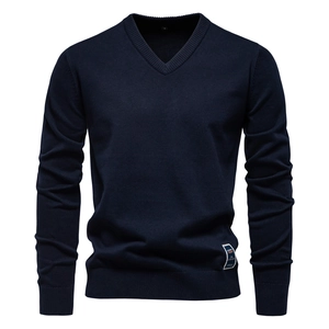 Classic dark blue men's V-neck long sleeve knitted sweater with ribbed cuffs and hem