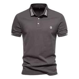 Dark grey cotton Polo shirt with white stripes on collar and lion head embroidery