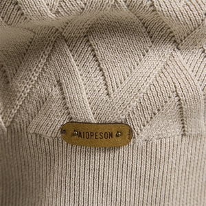 Men's high-quality beige cotton knit sweater featuring diamond texture and ribbed cuffs