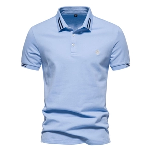 Men's light blue cotton polo shirt with navy stripes and white embroidered logo