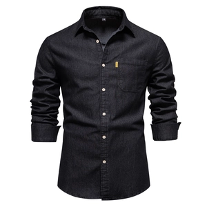Men Casual Denim Shirt Cotton Long Sleeve Slim Fit Solid Color Turn Down Collar Button Down Shirt With Pocket For Daily Wear