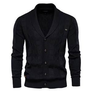 Men's black shawl collar cardigan sweater with cable knit pattern and button closure