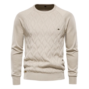 Beige crewneck cotton sweater for men featuring premium diamond knit texture on white background