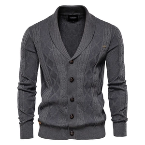 Men's dark grey shawl collar cardigan sweater with cable knit pattern and buttons