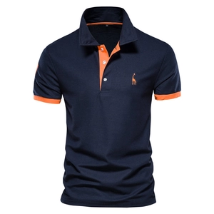 Navy short sleeve polo shirt with orange deer embroidery and contrast collar details