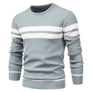 Mens striped crew neck knit sweater in grey-blue with white color-block patterns