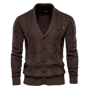 Men's heavy knit shawl collar cardigan in dark brown with classic cable knit textures