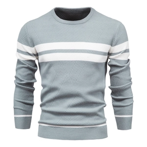Men's grey crewneck sweater with white stripes and geometric knit texture for autumn