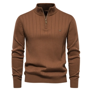 Men's Half Zip Ribbed Knit Sweater Slim Fit Cotton Blend Stand Collar Long Sleeve Solid Color Casual Urban Pullover For Men