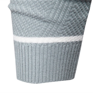 Men's casual striped knit sweater with ribbed cuffs and geometric textured gray fabric