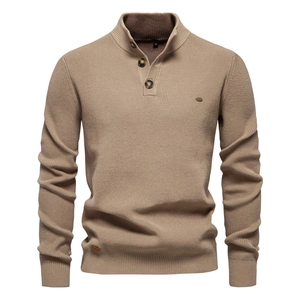 Men Stand Collar Button Placket Knit Sweater Ribbed Cotton Blend Long Sleeve Pullover Casual Business Solid Color Tops