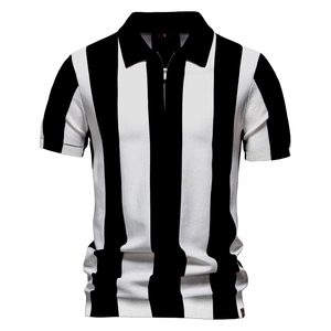 Men Striped Polo Shirt Short Sleeve Knitted Top Casual Half Zipper Collar Viscose Blend Breathable Summer Knitwear Men Clothing