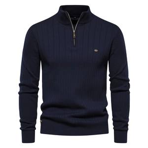 Men's navy blue half-zip ribbed knit sweater with stand collar and metallic logo detail