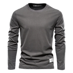 Men's solid dark grey long sleeve crew neck cotton T-shirt with casual slim fit design