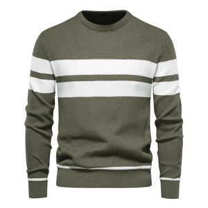 Army green men's crewneck knit sweater with white stripes and textured diamond pattern
