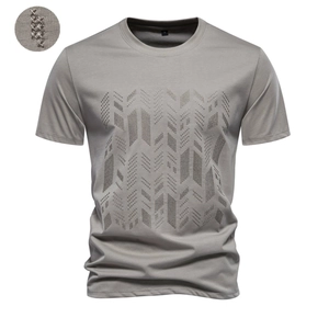 T-shirt Décontracté en Coton pour Hommes Coupe Slim Broderie Géométrique Col Rond Mode Été Manches Courtes Haut Respirant