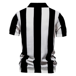 Men's short sleeve knitted polo shirt with classic black and white vertical stripes