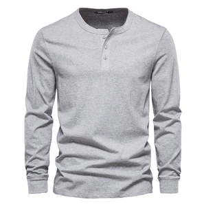 Men's slim fit grey long sleeve Henley shirt with buttoned round neck for autumn casual wear