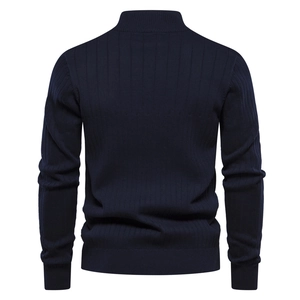 Men's navy blue long sleeve knitted sweater with vertical stripes shown from back view