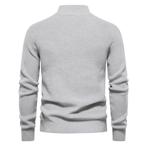 Back view of men's grey ribbed knit sweater with half-zip collar and raglan sleeves