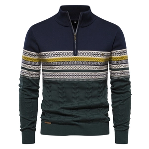 Men Half Zip Stand Collar Sweater Patchwork Fair Isle Knitted Top Winter Warm Cable Knit Pullover Casual Cotton Jumper