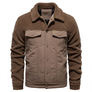 Men's Winter Patchwork Jacket Warm Sherpa Fleece Outerwear Casual Workwear Lapel Single Breasted Padded Coat For Men Windproof Heavyweight Jacket High Quality