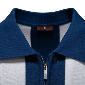 Polo in maglia da uomo con strisce blu e bianche e colletto con mezza zip argentata