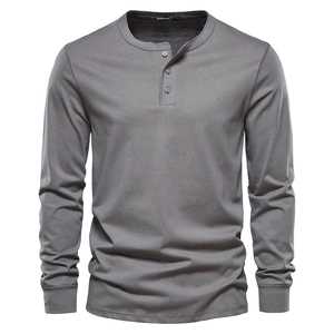 Men's slim fit grey long sleeve Henley shirt with three-button round neck design