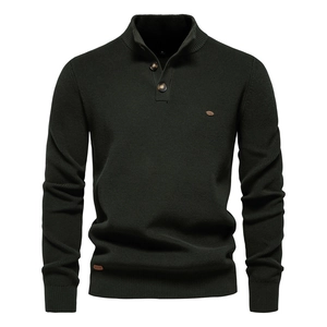 Men's dark green slim fit ribbed knit sweater with button stand collar design